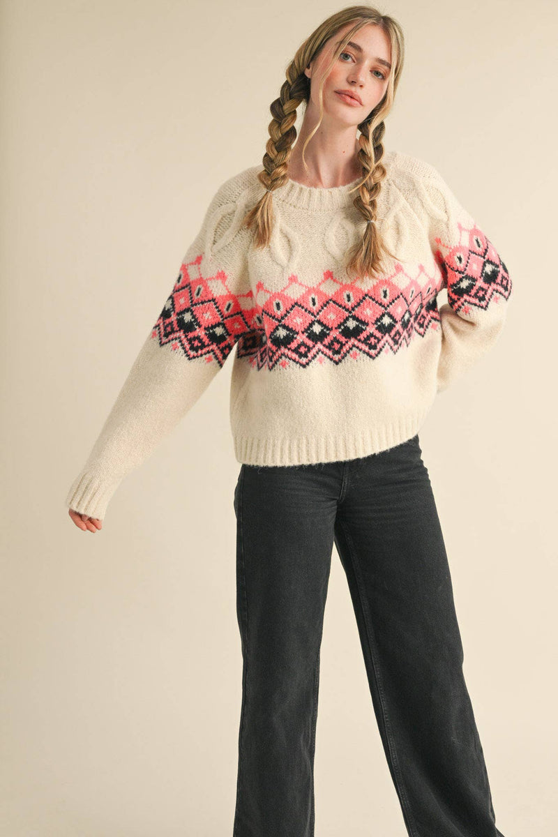 Ivory Cable Knit Fair Isle Sweater