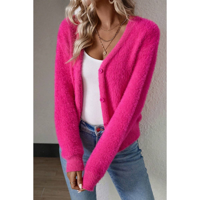 Solid Fuzzy Fleece Button V Neck Cardigan