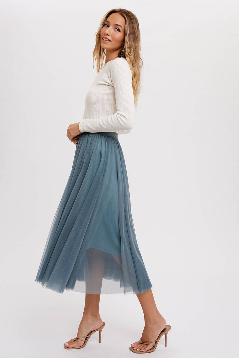 Tulle Pleated Lined Chiffon Midi Skirts