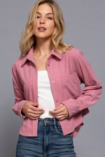 Long Sleeve Front Pocket Button Down Corduroy Crop Shirt