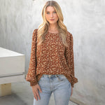 Floral Printed Top with Smocked Sleeves Detail