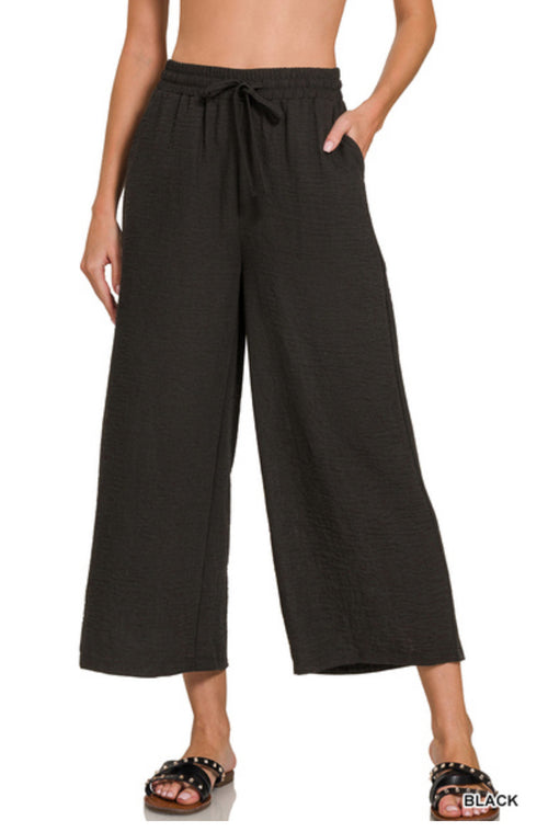 Wide Leg Crops in Sand, Black, and Mocha