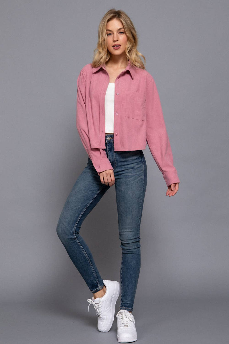 Long Sleeve Front Pocket Button Down Corduroy Crop Shirt