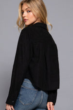 Long Sleeve Front Pocket Button Down Corduroy Crop Shirt