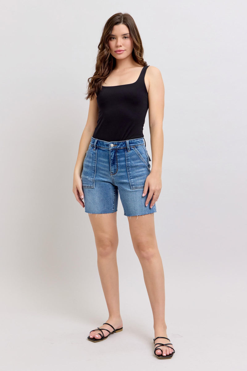 Judy Blue Mid Rise Bermuda Shorts with Back Flap Pockets