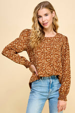 Floral Printed Top with Smocked Sleeves Detail
