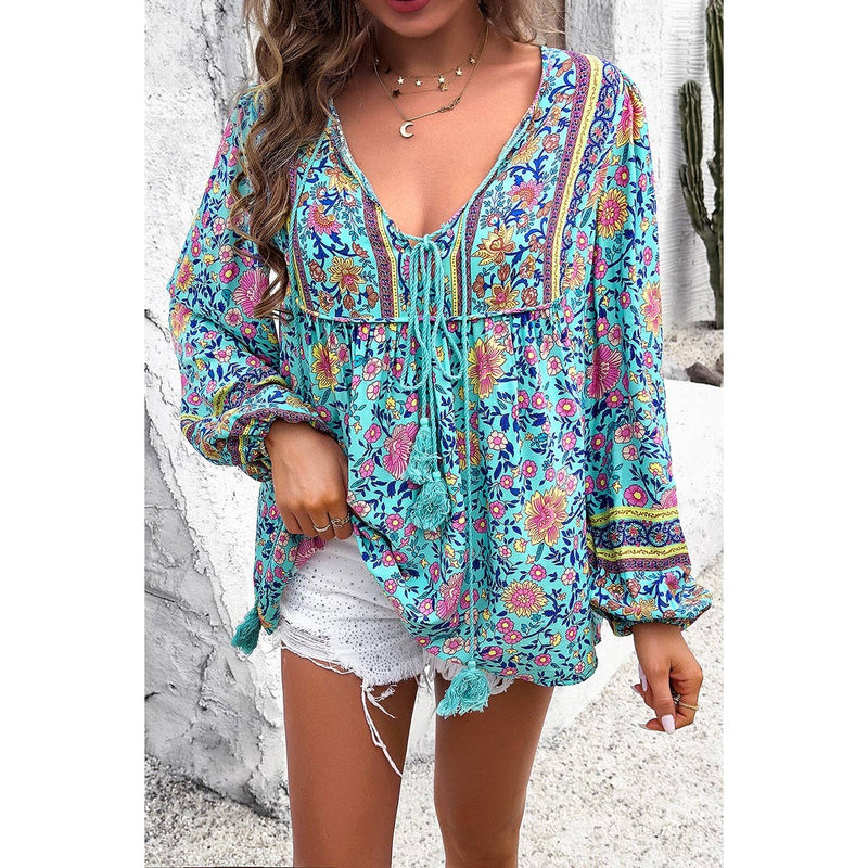 Teal Tassel Boho Blouse