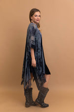Blue Velvet Mesh Tapestry Tassel Kimono