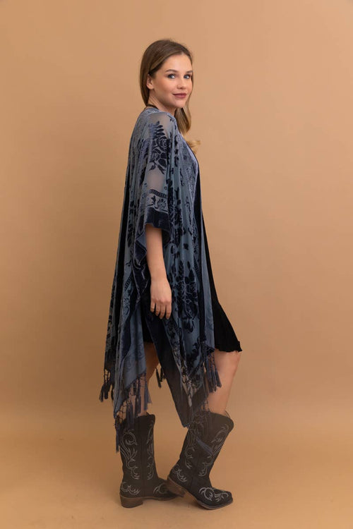 Blue Velvet Mesh Tapestry Tassel Kimono