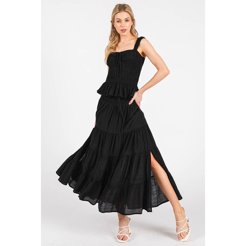 Tiered Flowing Black Skirt with Side Slit