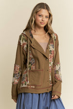 Waffle Knit Hoodie with Floral Patchwork