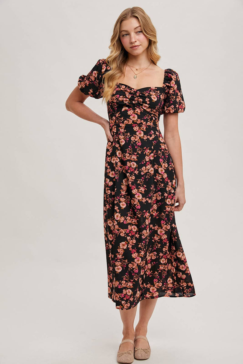 Floral Print Sweetheart Neckline Midi Dress
