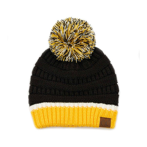 Colorblock Ribbed Beanie with Pom Pom