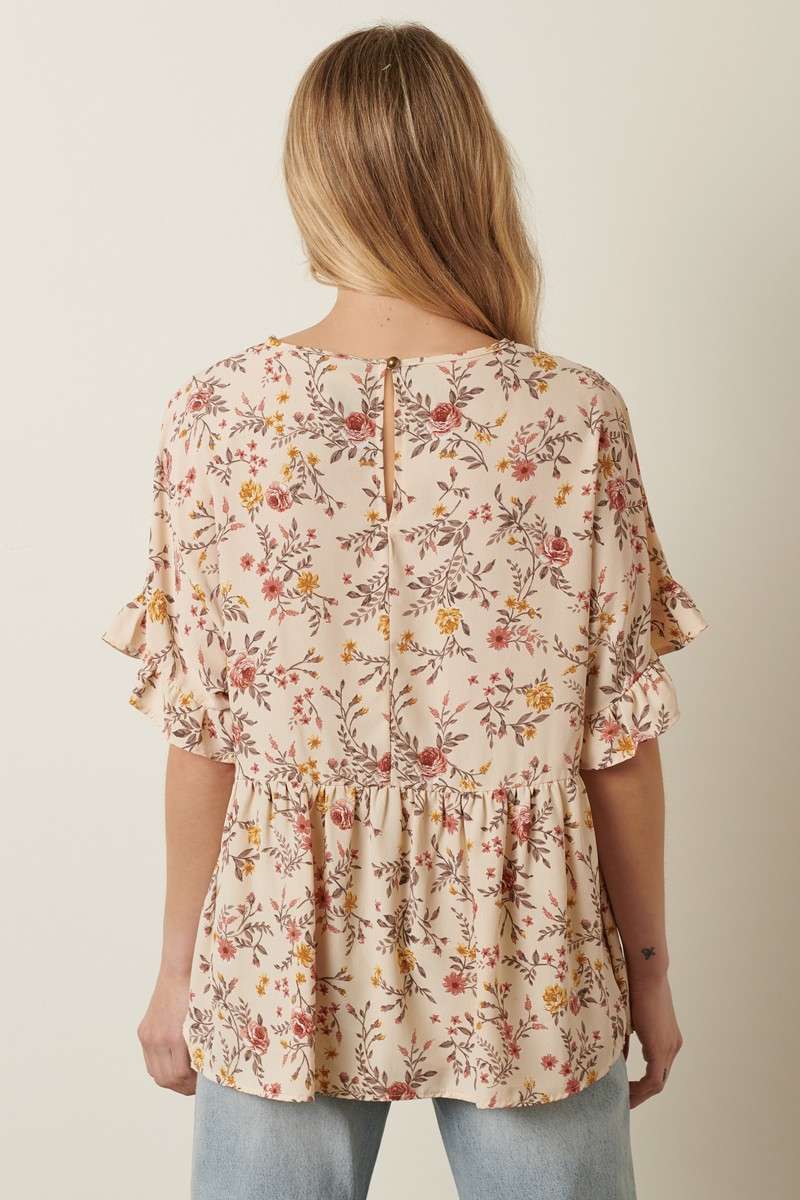 Floral Babydoll Blouse in Cream or Mocha