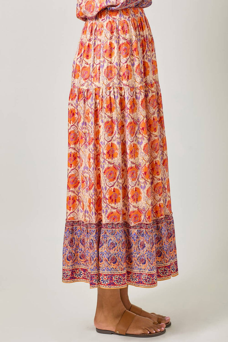 Border Print Tiered Long Skirt