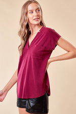 Short Sleeved V-Neck Blouse in Berry