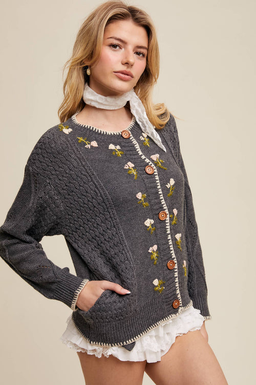 Floral Embroidered Button-Up Cardigan