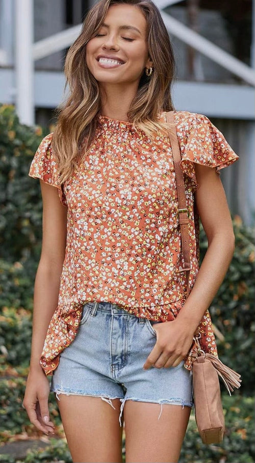 Spice Ruffle Neck Floral Blouse