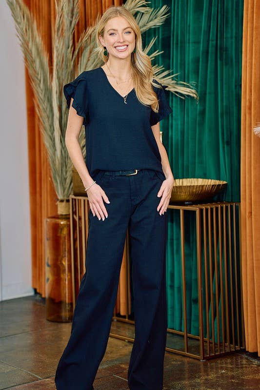 V-Neck Black Ruffle-Sleeve Blouse