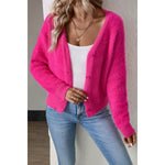 Solid Fuzzy Fleece Button V Neck Cardigan