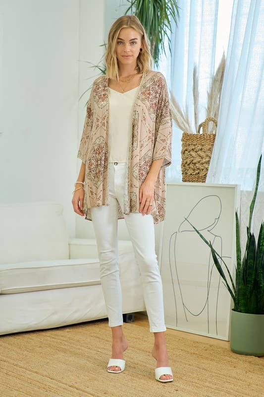 Printed Kimono With Lace Trim