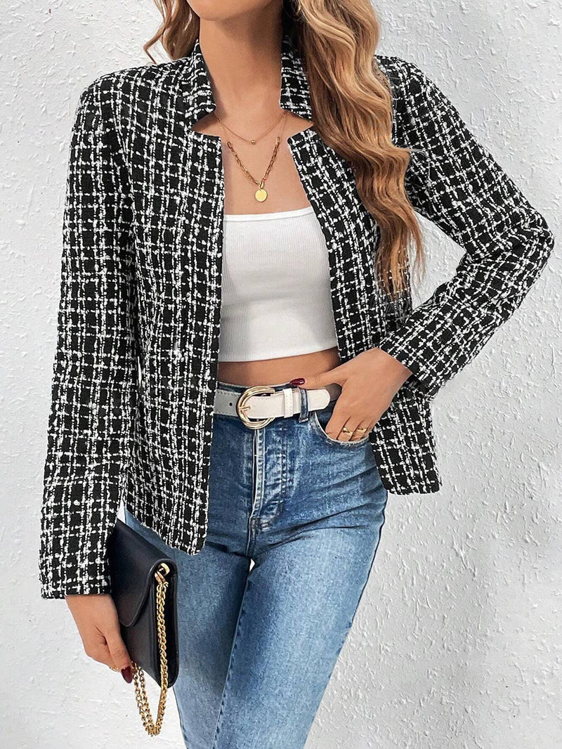 Tweed Textured Plaid Button-Up Jacket