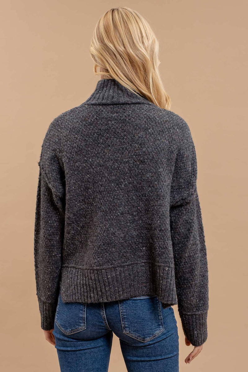 Wool Blend Textured Turtleneck Sweater in Charcoal and Dark Hunter