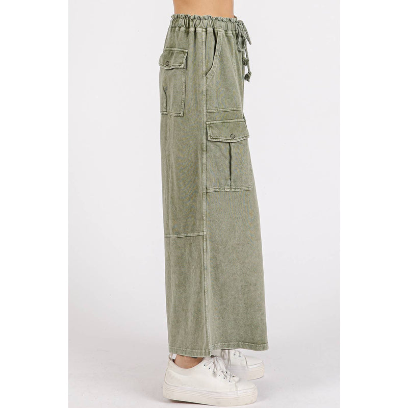 WASHED FRENCH TERRY CARGO ELASTIC WAIST WIDE LEG PANTS