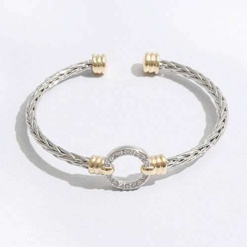 Braided Bangle CZ Two Tone Cuff Bracelet