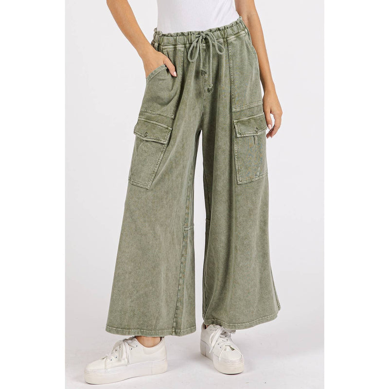 WASHED FRENCH TERRY CARGO ELASTIC WAIST WIDE LEG PANTS