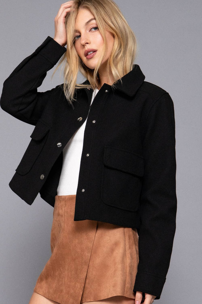 Soft Patch Pocket Snap Jacket in Camel or Black