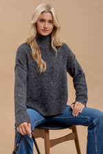 Wool Blend Textured Turtleneck Sweater in Charcoal and Dark Hunter