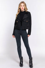 Notched Collar Open Front Faux Suede Jacket
