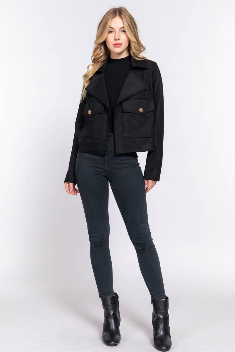 Notched Collar Open Front Faux Suede Jacket