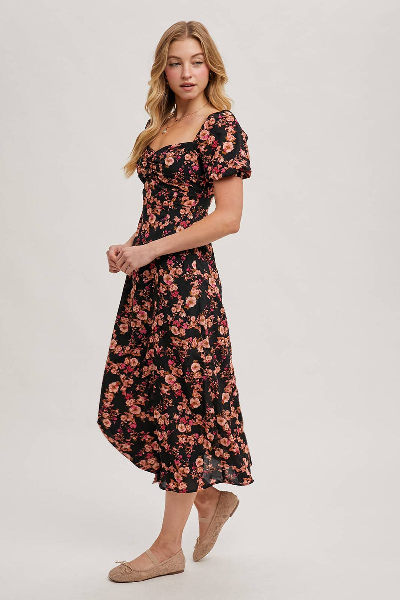 Floral Print Sweetheart Neckline Midi Dress