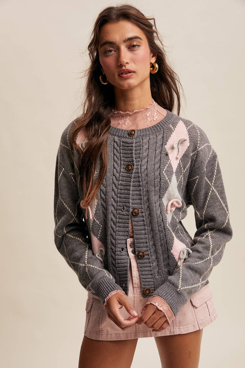 Argyle Bow Detail Knit Cardigan