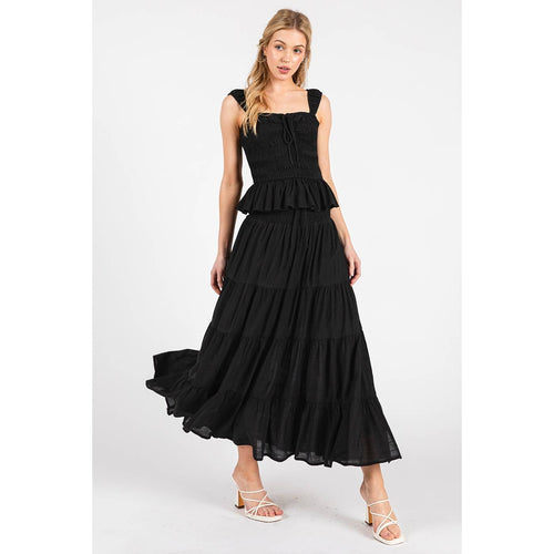 Tiered Flowing Black Skirt with Side Slit