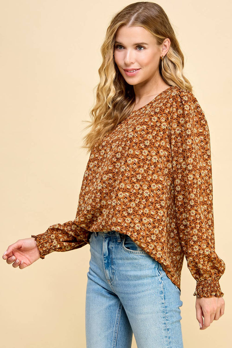Floral Printed Top with Smocked Sleeves Detail
