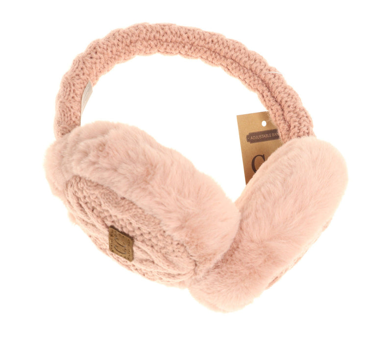 Cable Knit Faux Fur Earmuffs in Beige or Navy