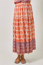 Border Print Tiered Long Skirt