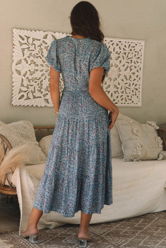 Blue Floral Puff Sleeved Midi Dress