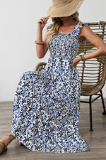 Sky Blue Boho Print Smocked Maxi Dress
