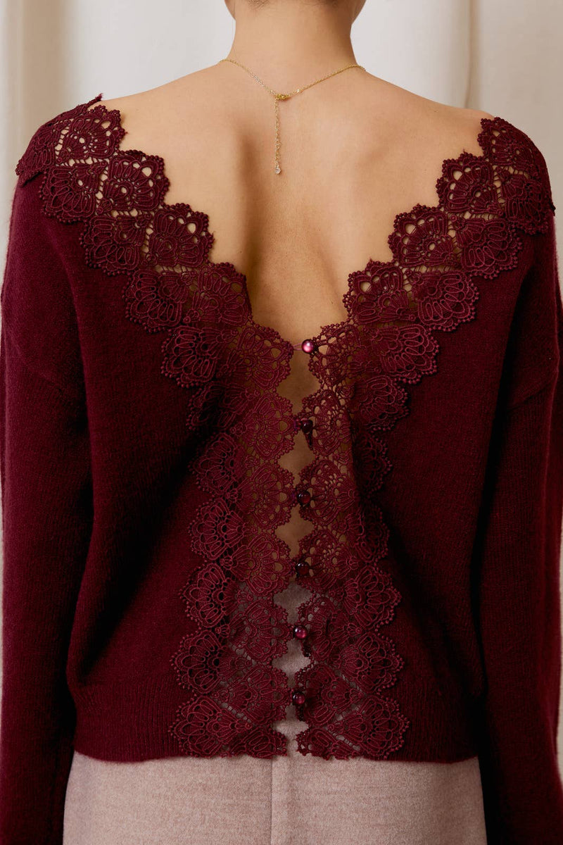 Back Lace Trim Wine Sweater
