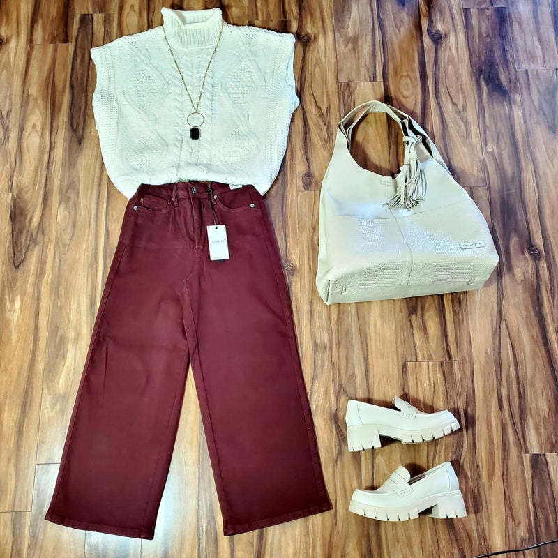 Judy Blue Oxblood Tummy Control Cropped Wide Leg Jeans