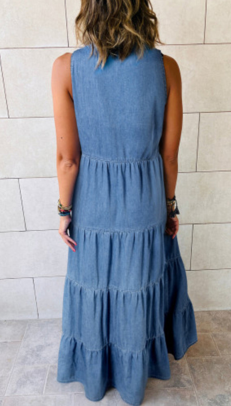 Chambray Tiered Sleeveless Dress