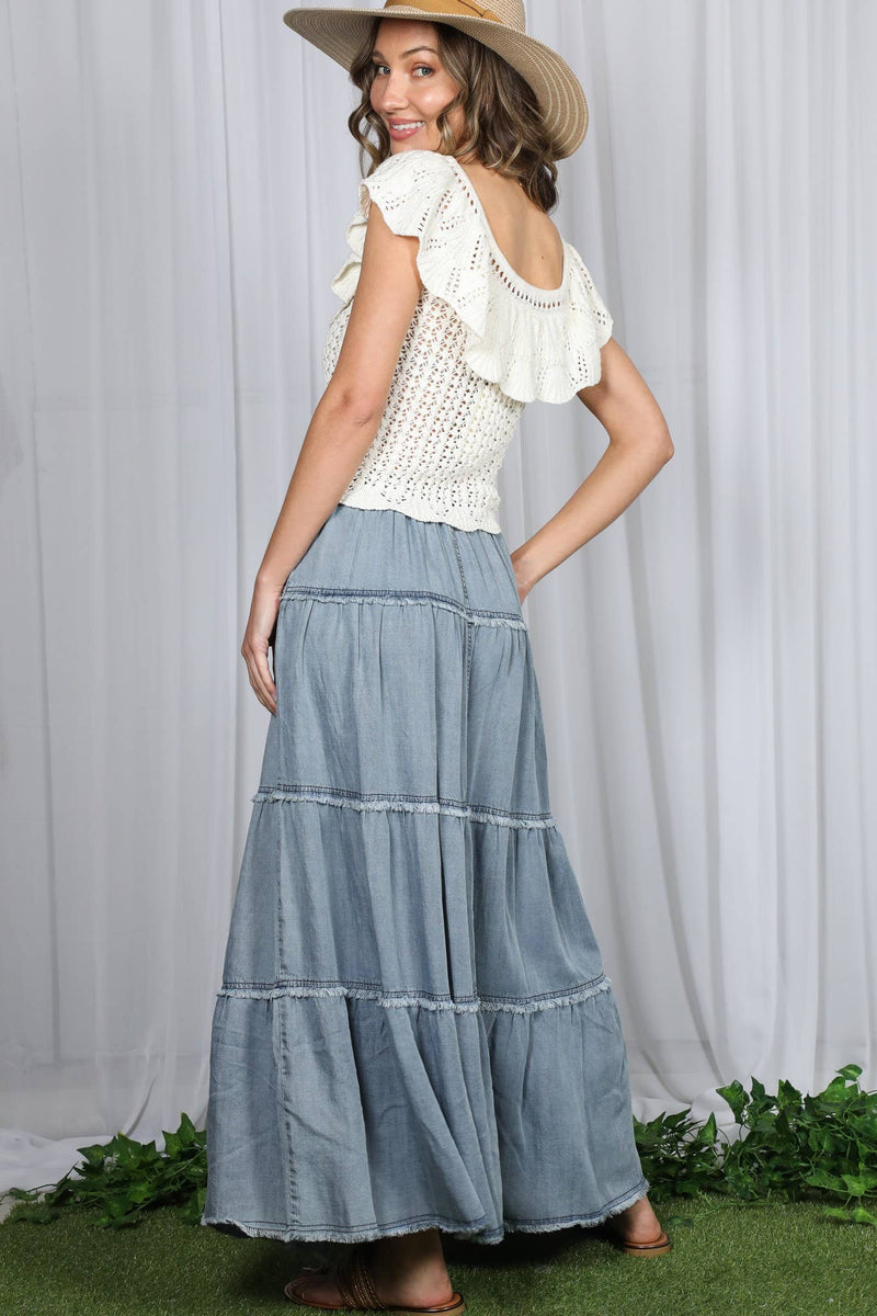 Tiered Fringe Hem Chambray Maxi Skirt