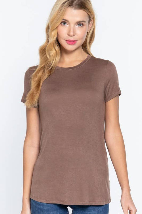 Crew Neck Rayon Spandex Tee in Dark Brown, Light Brown, and Black