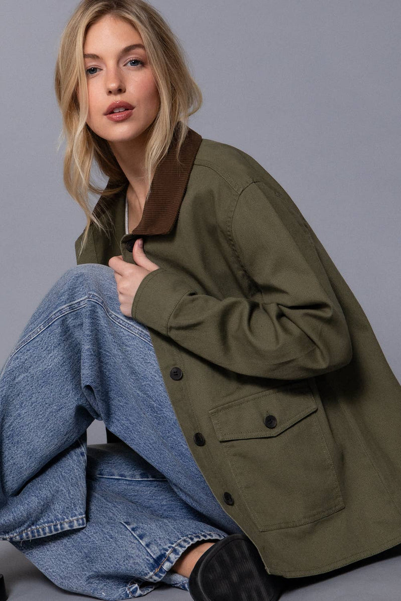 Corduroy Collar Cotton Twill Jacket