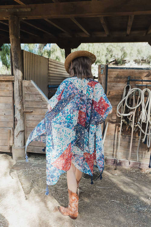 Cowgirl Vibrant Floral Kimono Wrap in Navy
