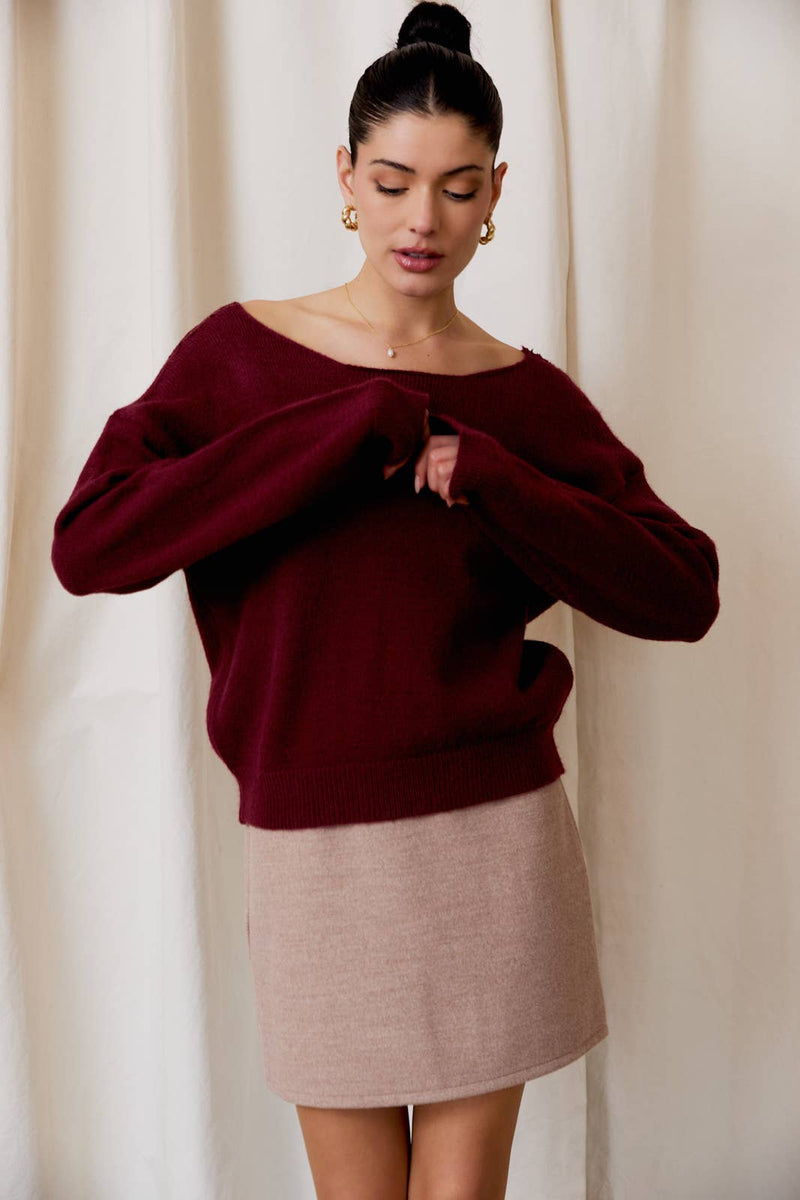 Back Lace Trim Wine Sweater